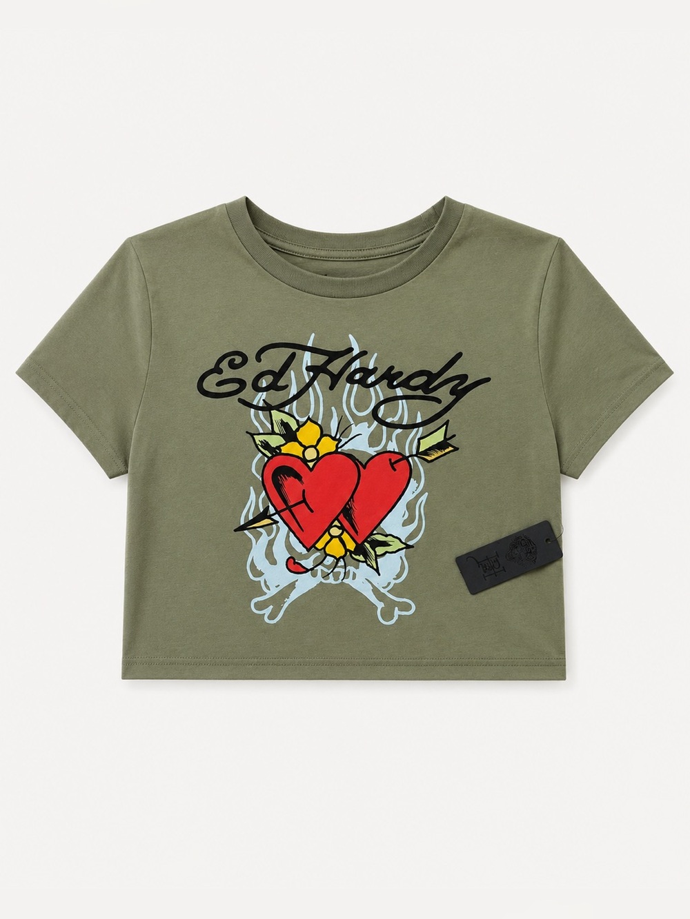 Ed Hardy Heart Dagger Graphic T-Shirt Olive Green Cotton Tee Size M